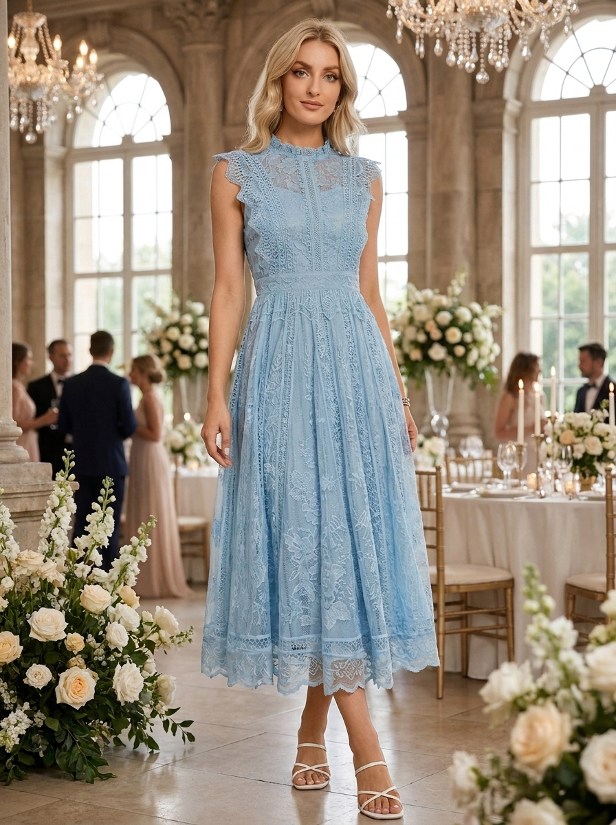 A woman stands in a grand ballroom wearing a light blue lace midi dress with cap sleeves and a fitted waist. The background features elegant dining tables, floral arrangements, and crystal chandeliers.