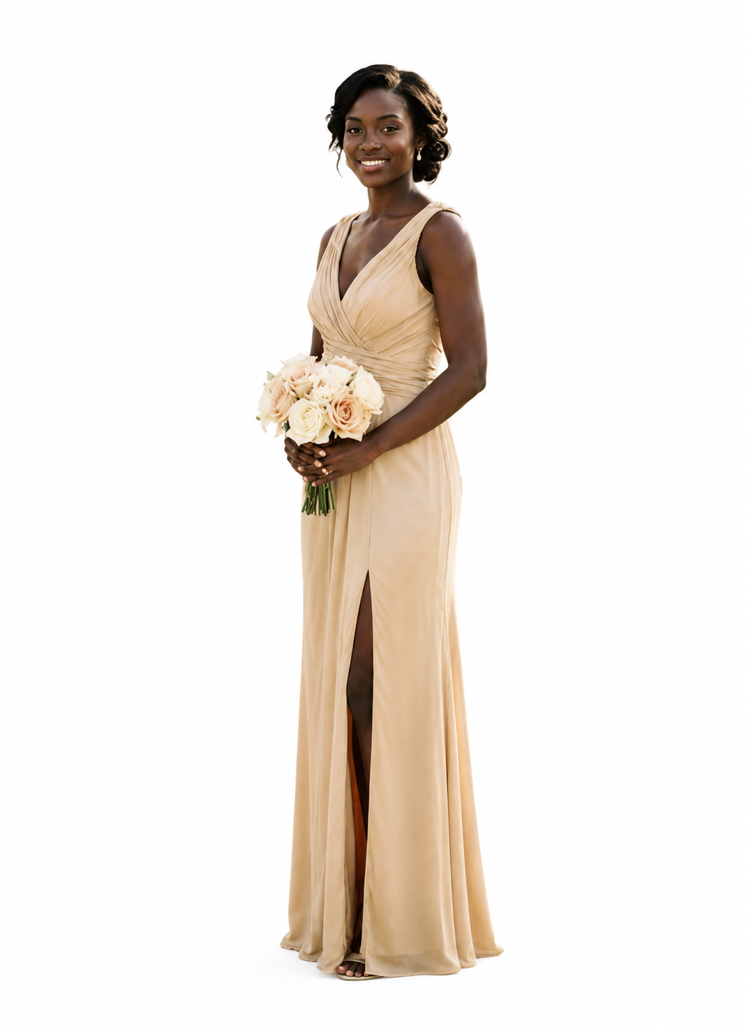 A woman modeling a sleeveless champagne beige floor-length gown with a wrap-style V-neck bodice, draped side details, and a high front slit, holding a bouquet of cream and blush roses against a plain white background.