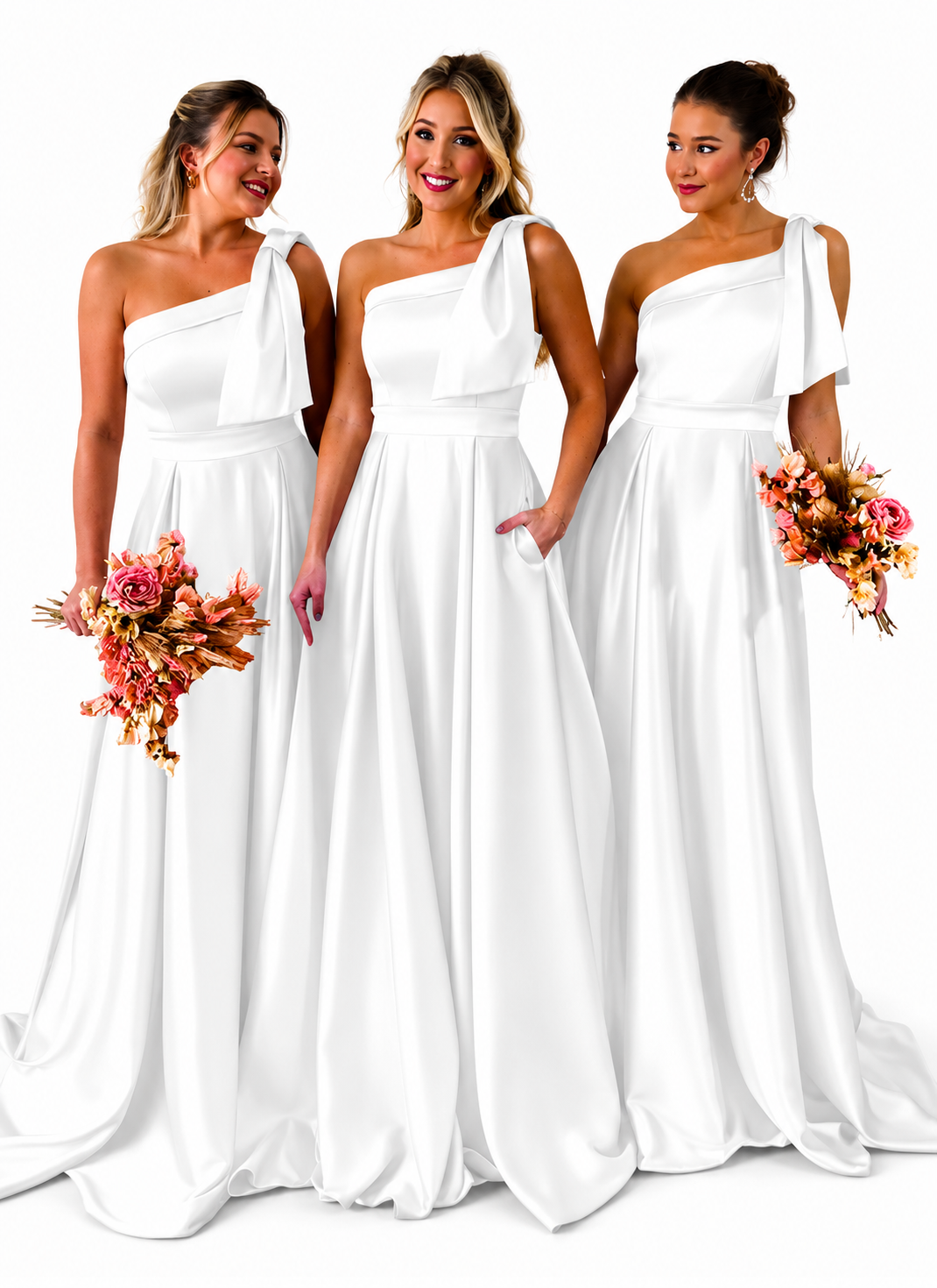 Three women wearing matching one-shoulder white A-line bridesmaid dresses, each holding a pink and orange floral bouquet, posed against a solid white studio background.
