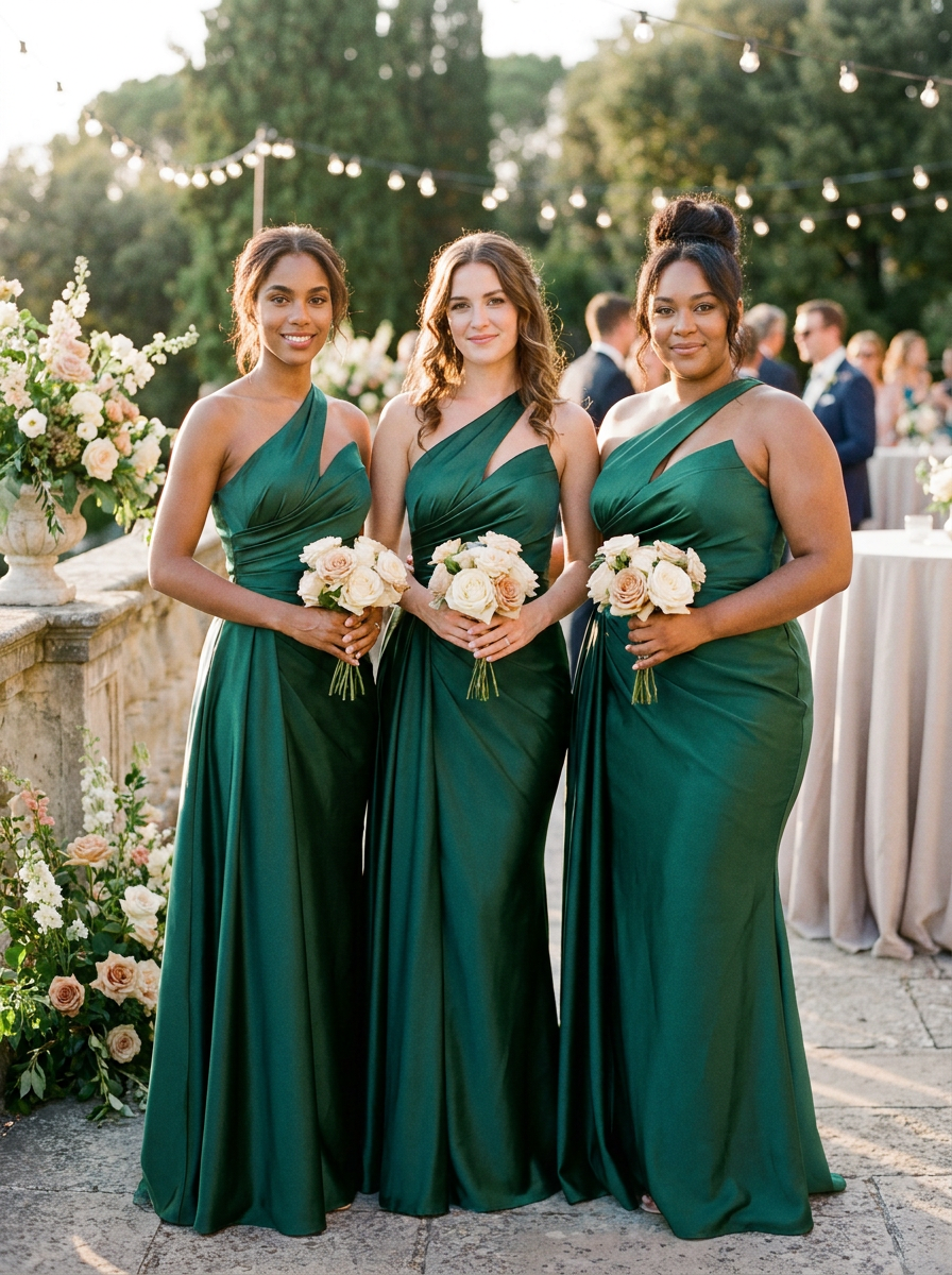 Three bridesmaids wearing floor-length emerald green one-shoulder dresses stand together outdoors at a wedding, each holding a bouquet of cream and blush flowers.
