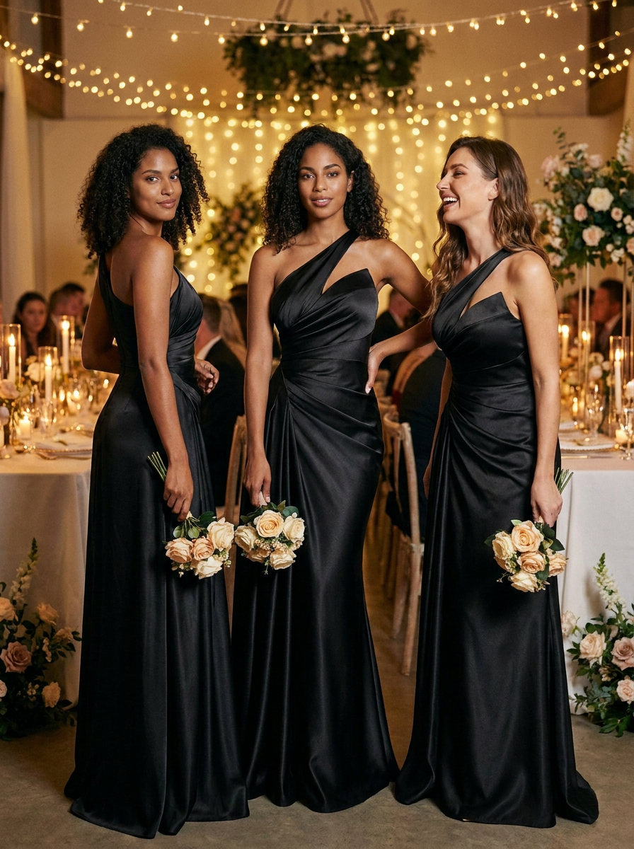 Three bridesmaids wearing floor-length black satin bridesmaid dresses stand together at a wedding reception table, each holding a bouquet of cream roses. The background features warm string lights, white tablecloths, and floral decorations.