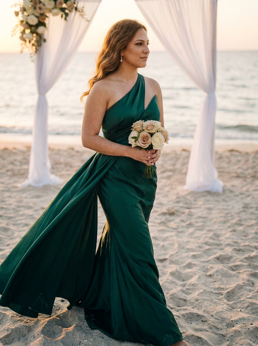A woman wearing a dark emerald green one-shoulder satin bridesmaid gown stands on a sandy beach under a white draped archway, holding a bouquet of cream and blush roses.