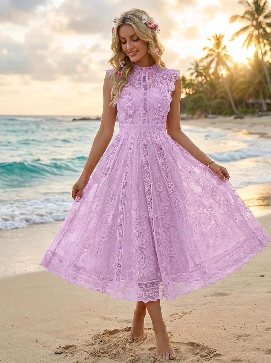 A woman wearing a light purple/lavender sleeveless lace dress stands on a sandy beach at sunset with ocean waves and palm trees in the background.