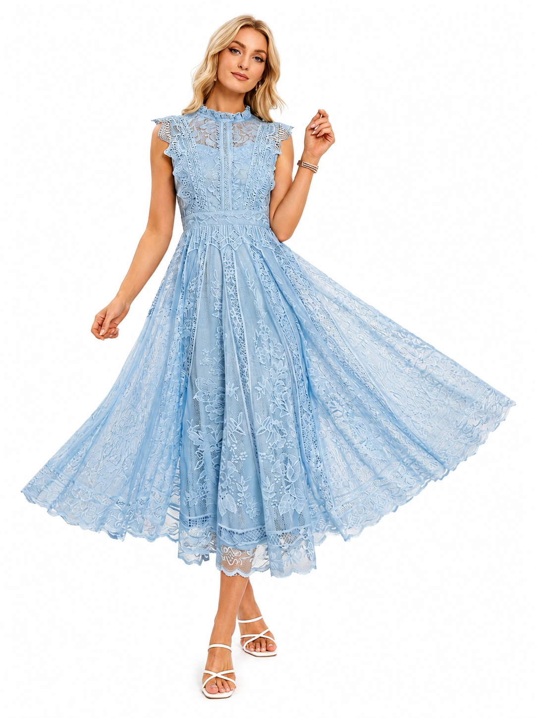 A woman modeling a light blue lace midi dress with a high neckline, cap sleeves, and a flared skirt, shown against a plain white background.