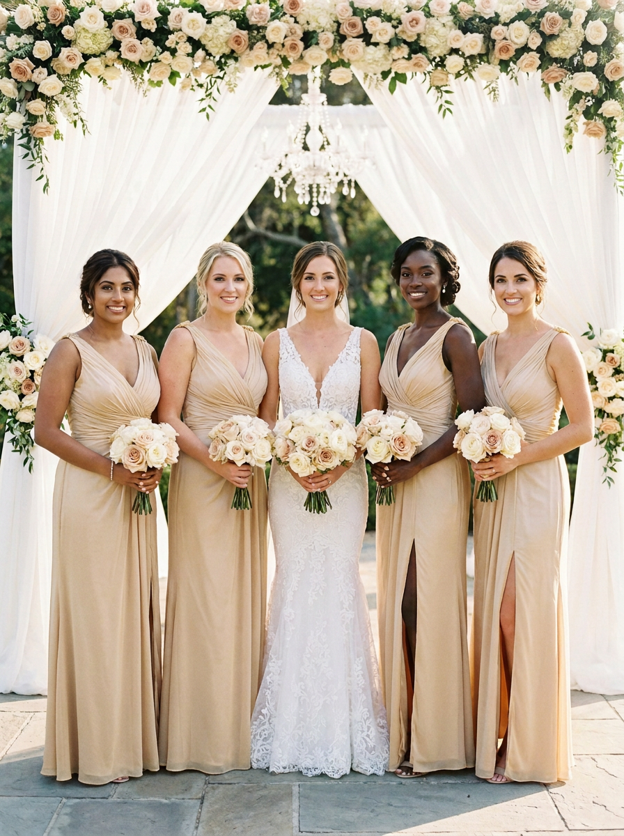 Five women posing together under a floral wedding arch. The bride wears a white lace wedding gown, while the four bridesmaids wear matching sleeveless champagne-beige floor-length dresses.