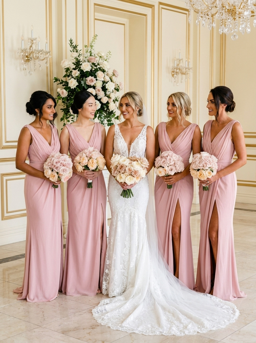 Five women standing indoors in a bridal setting: a bride in a white lace mermaid gown holding a bouquet, surrounded by four bridesmaids in matching dusty pink sleeveless V-neck dresses holding blush bouquets. The background shows ornate cream walls, gold trim, wall sconces, a floral arrangement, and a chandelier.