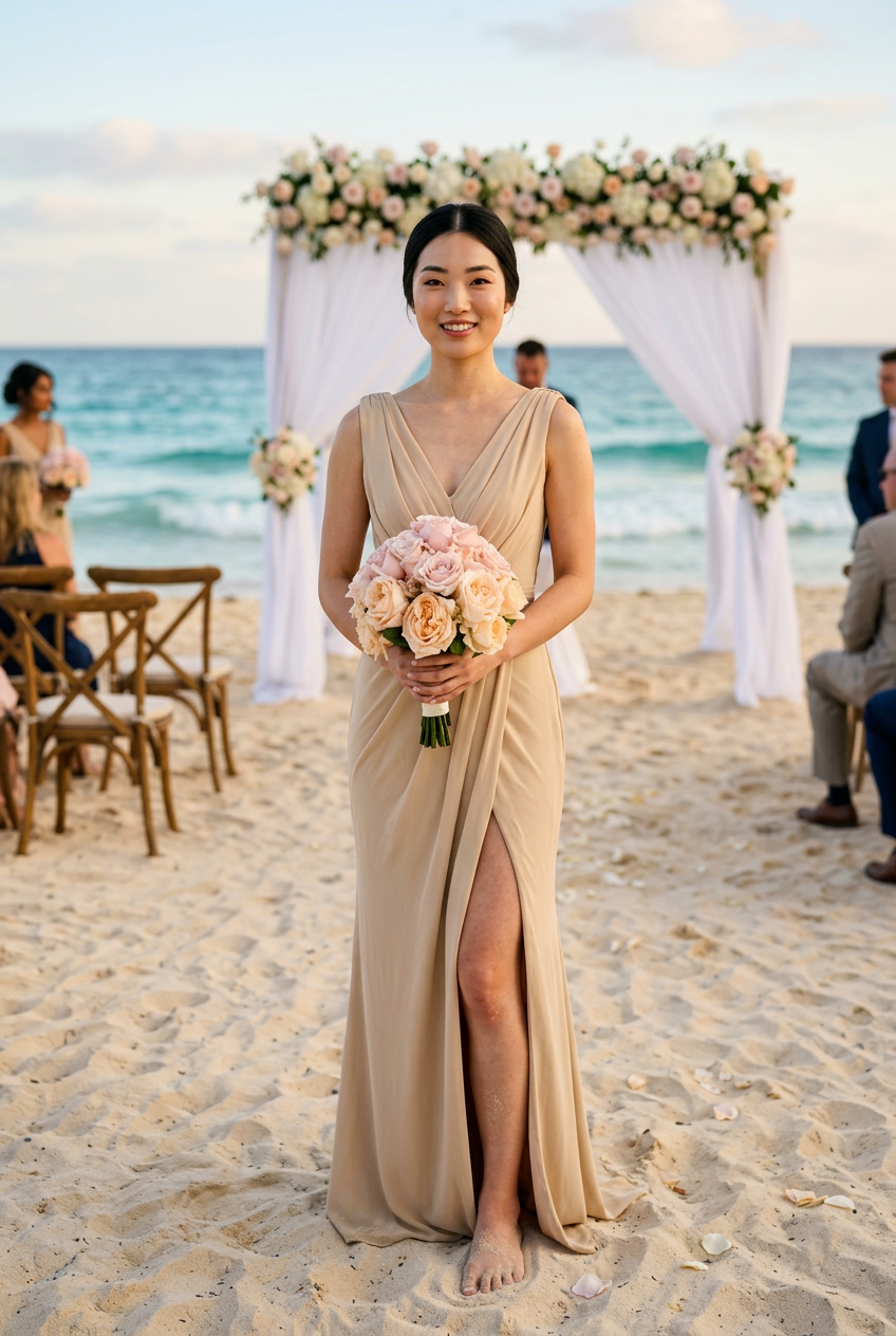 A woman stands barefoot on a sandy beach wearing a sleeveless champagne-beige wedding gown with a thigh-high slit and holding a bouquet of blush pink roses. A white floral arch and ocean are behind her, with guests seated at the beachside tables.