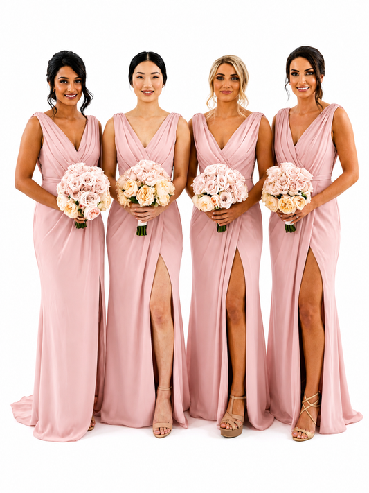 Four women standing side by side wearing matching dusty pink sleeveless V-neck bridesmaid dresses with high side slits and holding matching bouquets of pink and cream flowers, photographed against a solid white background.
