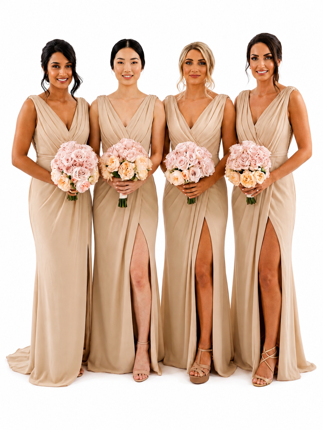 Four bridesmaids wearing matching floor-length champagne beige V-neck dresses with thigh-high slits, standing side-by-side and holding matching pink and peach rose bouquets against a solid white background.