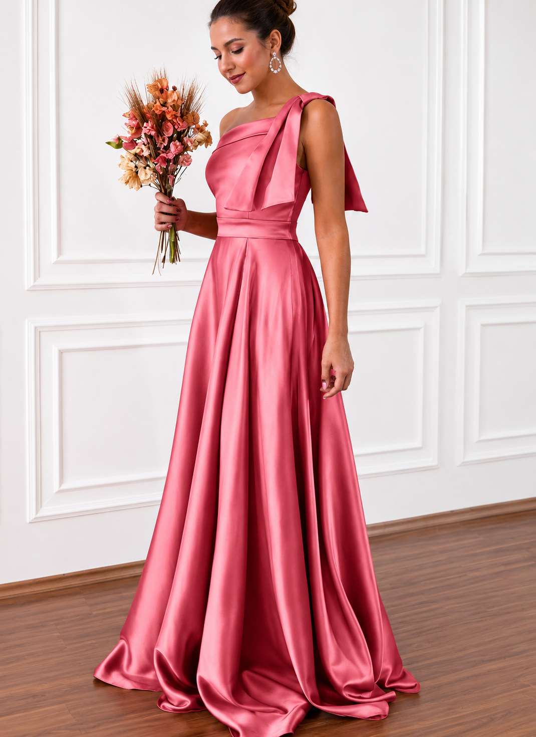 Rosalie | One-Shoulder Satin Bridesmaid Maxi Dress with Pockets