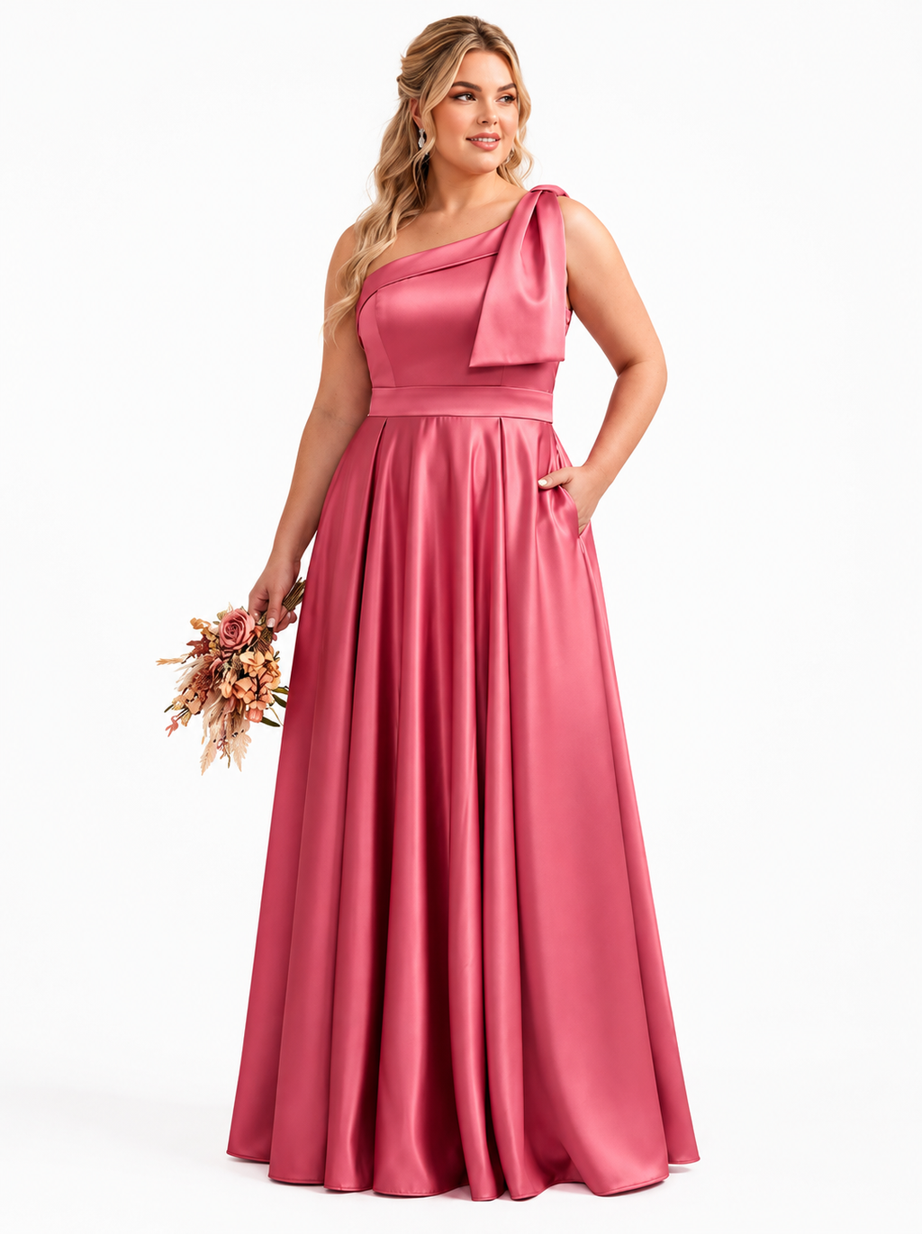 Rosalie | One-Shoulder Satin Bridesmaid Maxi Dress with Pockets