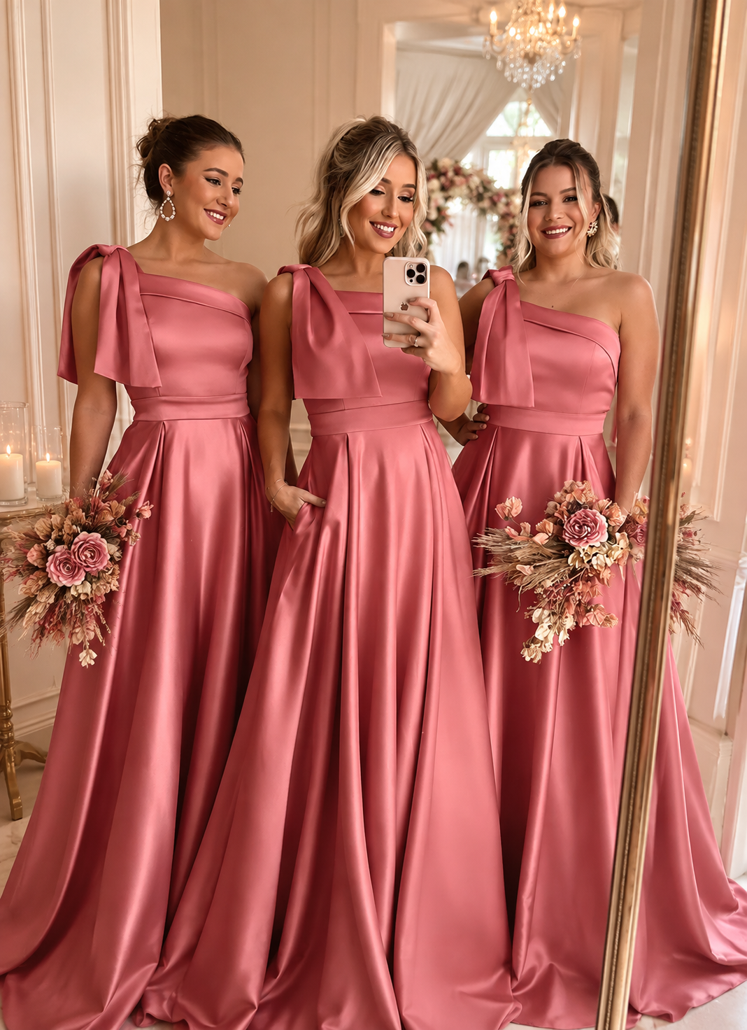Rosalie | One-Shoulder Satin Bridesmaid Maxi Dress with Pockets