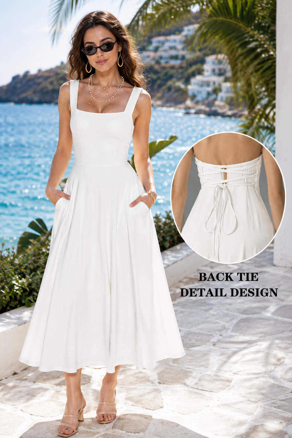Noelle | Square Neck Midi Dress with Pockets