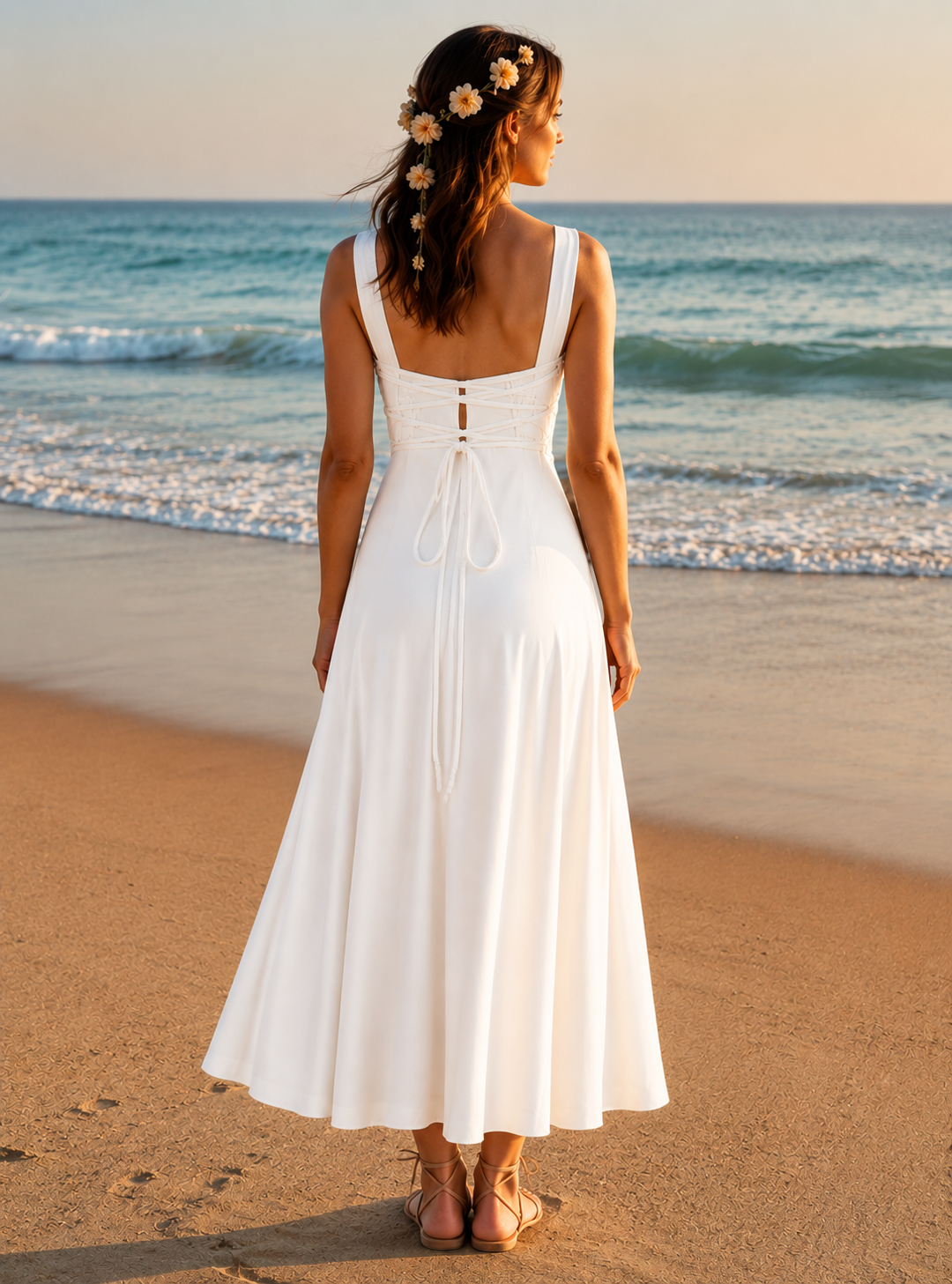 A woman stands on a sandy beach facing the ocean, wearing a white maxi dress with a scoop neck, thin straps, and a lace-up back. She has small white flowers in her hair and is wearing tan sandals.