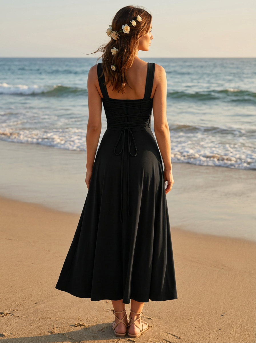 A woman stands on a sandy beach facing the ocean, wearing a sleeveless black maxi dress with a square neckline, ruched waist, and tie detail at the back. She has white flowers in her hair and is wearing strappy sandals.