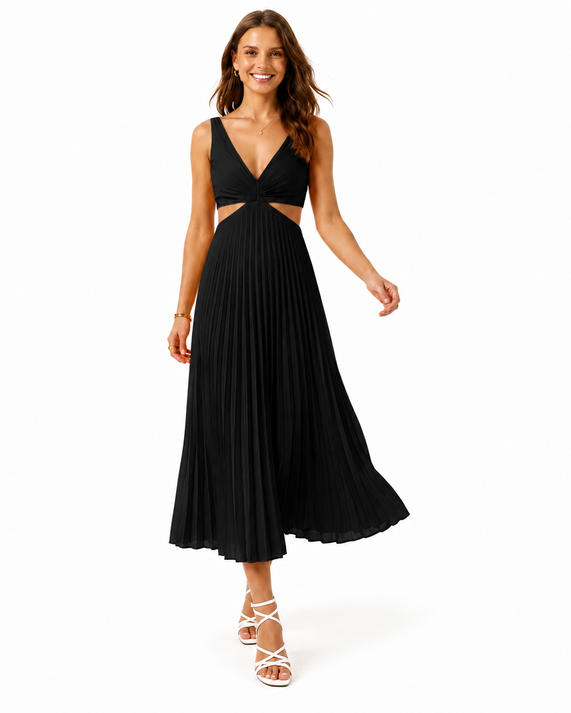 A woman modeling a black sleeveless midi dress with a twisted V-neck bodice, side cutouts, and a flowing pleated skirt, paired with white strappy high-heel sandals against a plain white background.