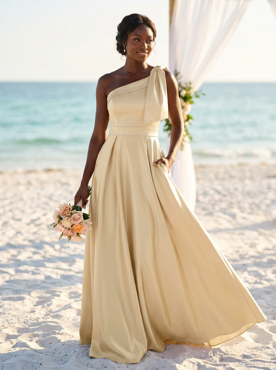 A woman stands on a sandy beach wearing a flowing one-shoulder cream wedding dress and holding a bouquet of pink and peach flowers. The ocean and a white draped arch are in the background.
