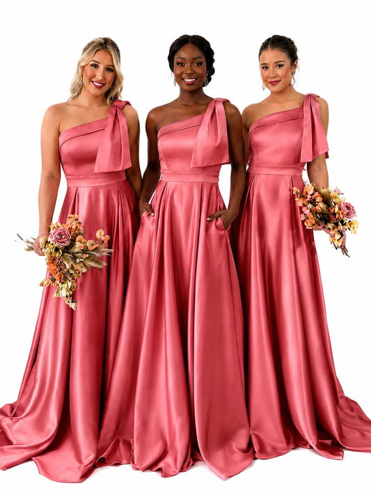 Three women wearing matching one-shoulder satin bridesmaid dresses in a dusty rose pink color, standing against a solid white background and holding floral bouquets.